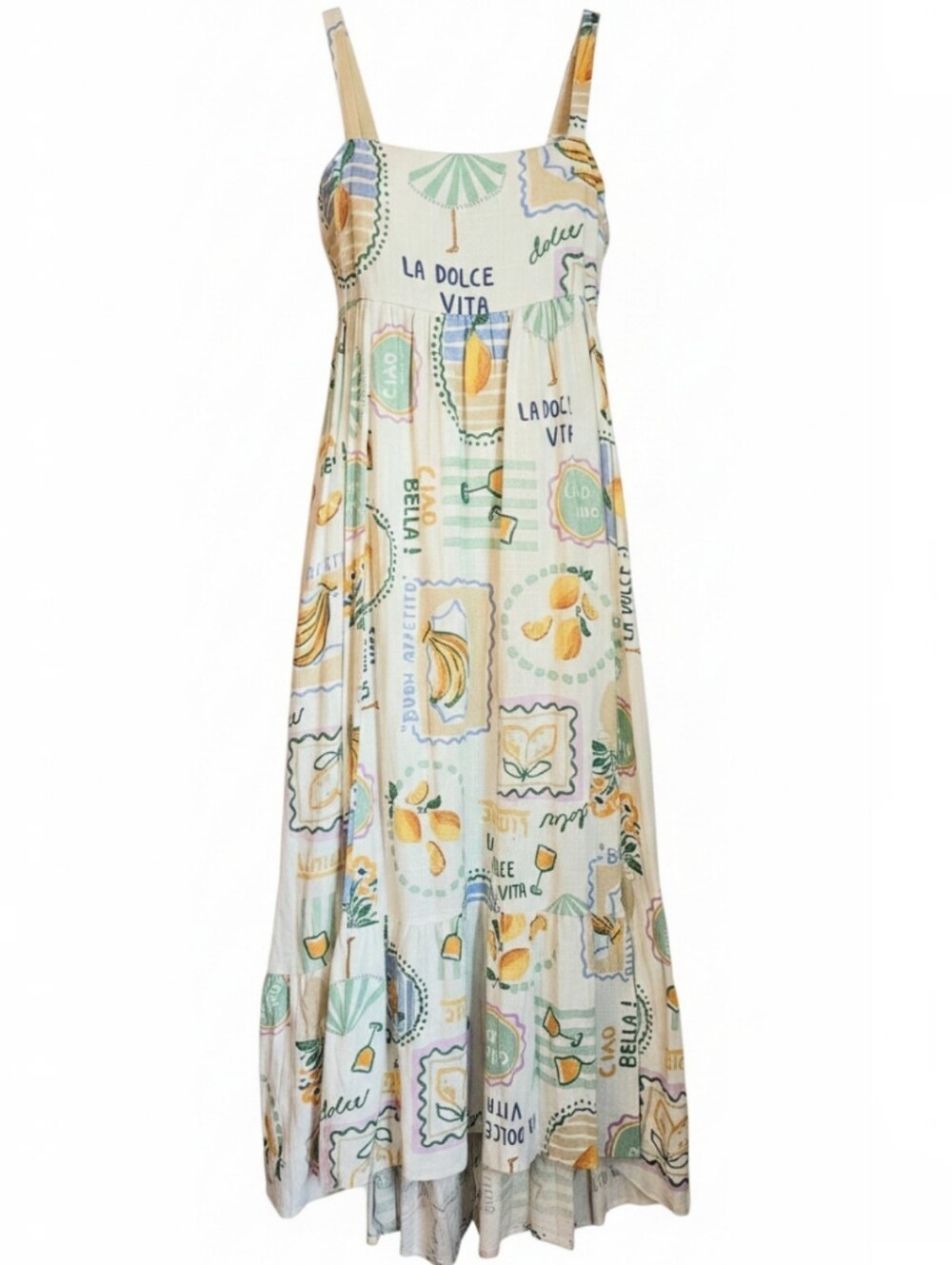 Paper Heart La Dolce Vita Postcard Print Linen Blend Maxi Dress Size Medium